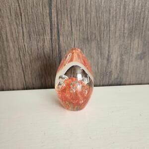 Art Glass Egg Shaped Paperweight Orange & Clear Bubble Glass Unsigned